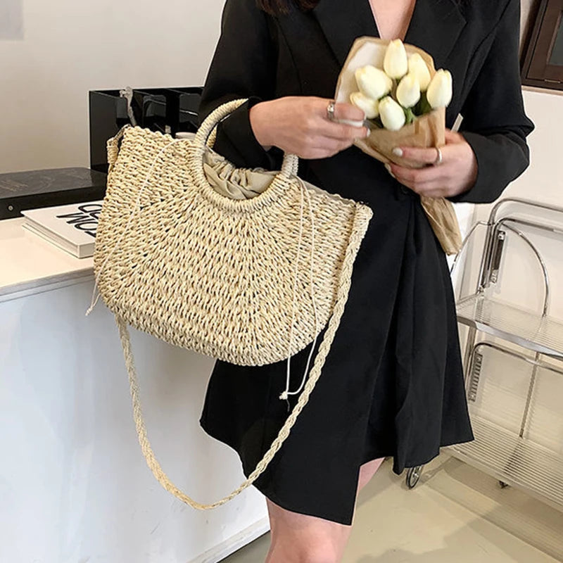 Straw Woven Handbags For Women Handmade Travel Seaside Beach Bag Summer New Handle Bucket Bag Shopping Tote Bag Basket Bolsa