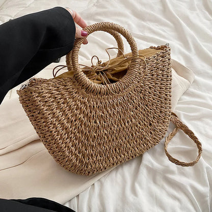 Straw Woven Handbags For Women Handmade Travel Seaside Beach Bag Summer New Handle Bucket Bag Shopping Tote Bag Basket Bolsa