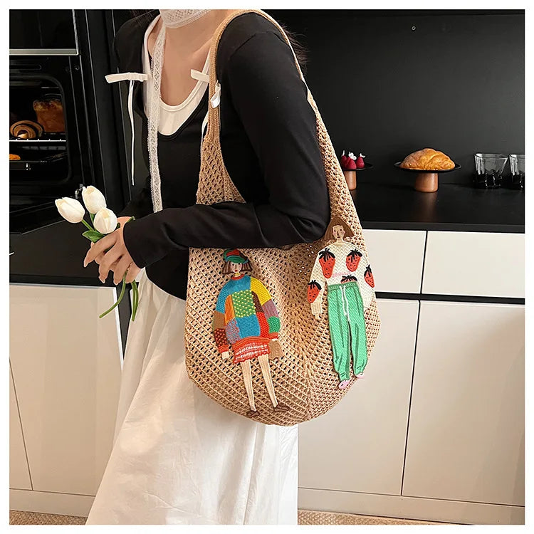 Hollow Mesh Knitted Shoulder Bag Beach Vacation Slouchy Chic Cartoon Tote Bag Lightweight Laid-Back Casual Woven Women Handbag