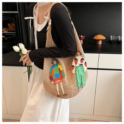 Hollow Mesh Knitted Shoulder Bag Beach Vacation Slouchy Chic Cartoon Tote Bag Lightweight Laid-Back Casual Woven Women Handbag