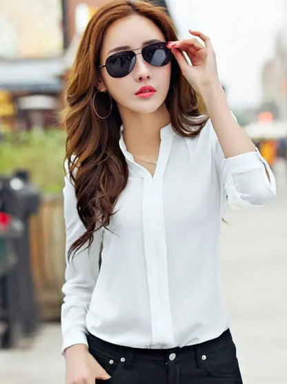 Crisluvᵀᴹ Women’s Long Sleeve V-Neck Chiffon Blouse – Elegant Autumn Office Shirt