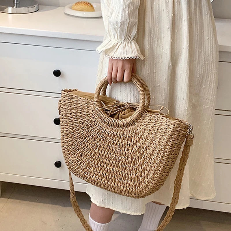 Straw Woven Handbags For Women Handmade Travel Seaside Beach Bag Summer New Handle Bucket Bag Shopping Tote Bag Basket Bolsa