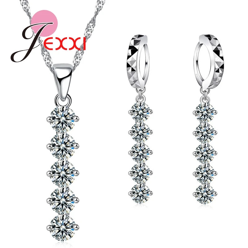 Wedding Women Bijoux Classic Genuine 925 Sterling Silver Cubic Zircon Jewelry Sets Shiny Crystal Necklace Pendant Drop Earrings