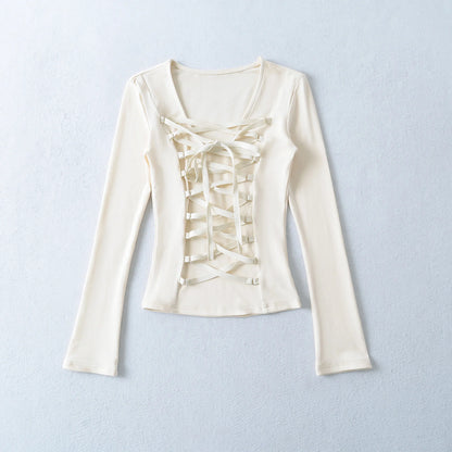 Crisluvᵀᴹ Women’s Y2K Lace-Up V-Neck Cropped Long Sleeve Top