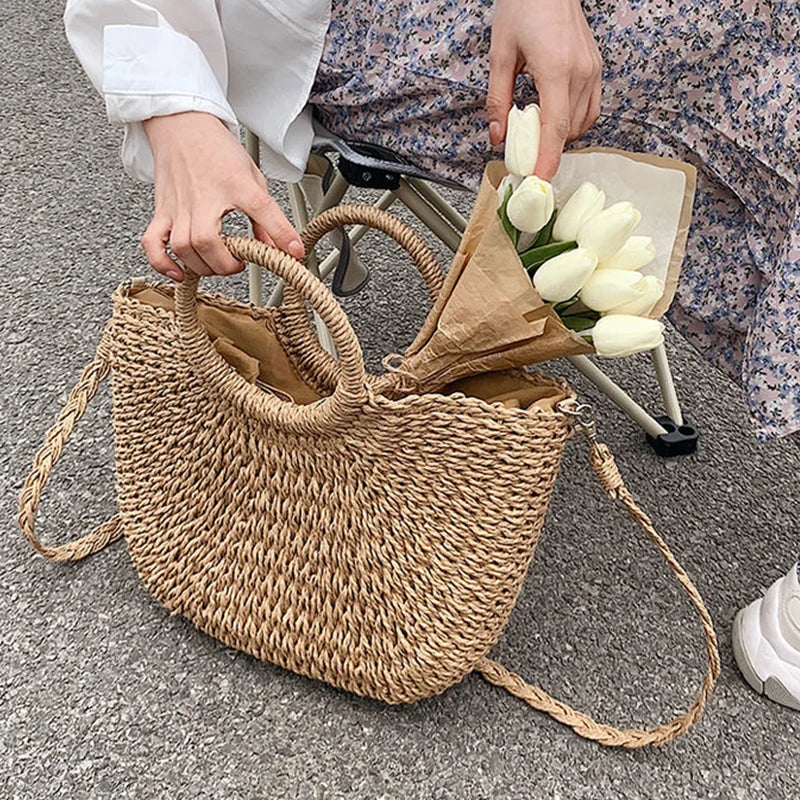 Straw Woven Handbags For Women Handmade Travel Seaside Beach Bag Summer New Handle Bucket Bag Shopping Tote Bag Basket Bolsa