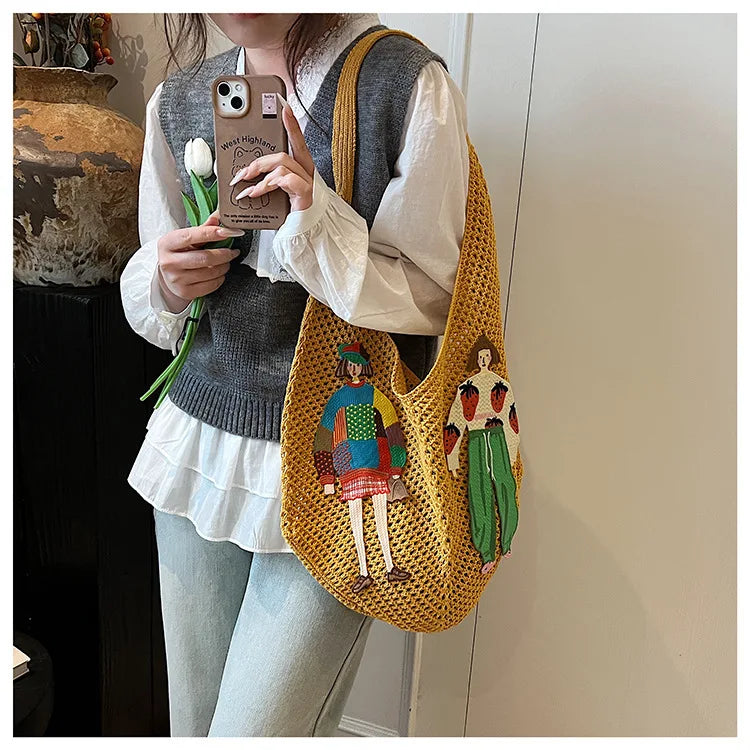 Hollow Mesh Knitted Shoulder Bag Beach Vacation Slouchy Chic Cartoon Tote Bag Lightweight Laid-Back Casual Woven Women Handbag
