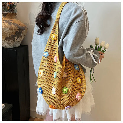 Hollow Mesh Knitted Shoulder Bag Beach Vacation Slouchy Chic Cartoon Tote Bag Lightweight Laid-Back Casual Woven Women Handbag