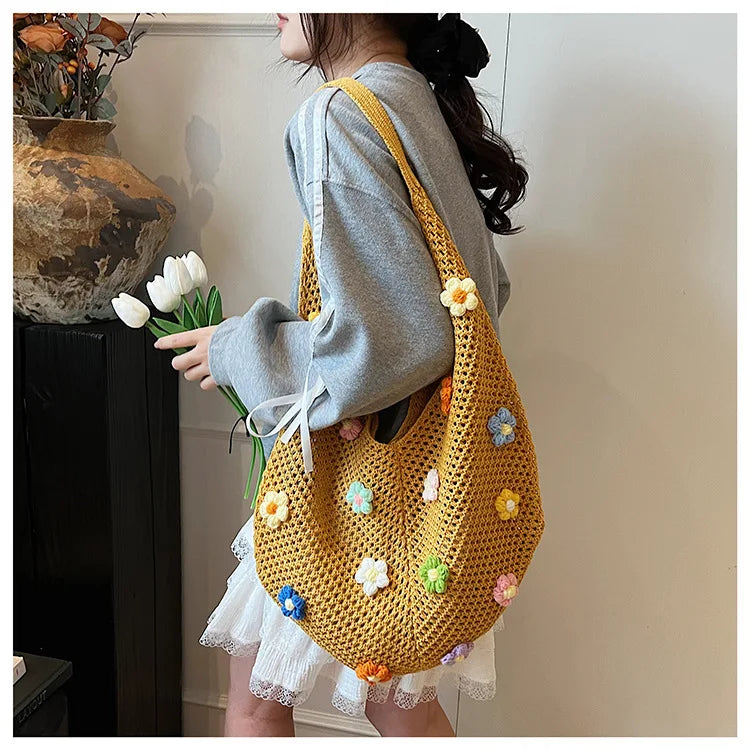 Hollow Mesh Knitted Shoulder Bag Beach Vacation Slouchy Chic Cartoon Tote Bag Lightweight Laid-Back Casual Woven Women Handbag
