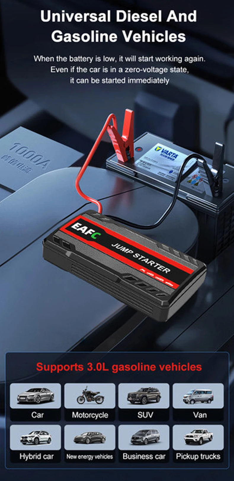 EAFC Car Jump Starter Power Bank Car Battery Starter 600A12V Auto Starting Device with LED Light For Auto Battery Booster Buster