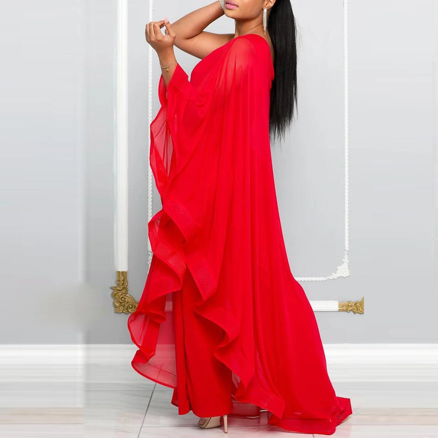 Crisluvᵀᴹ One-Shoulder Ruffle Sleeve Women’s Jumpsuit Elegant Slim Fit Aysmmetric Fashion Autumn