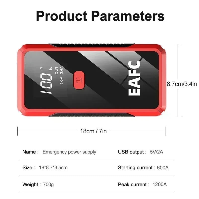 EAFC 12V Car Jump Start 600A-2000A Car Battery Starter Booster Auto Starting Device Emergency Start Portable Power Bank