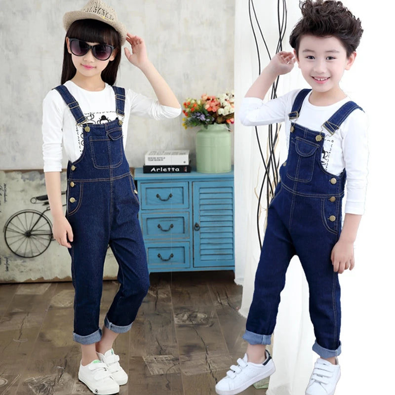 New Kids Denim Overalls for Teenagers Spring Jeans Dungarees Girls Pocket Jumpsuit Children Boys Pants For Age 5 7 9 11 13 Years