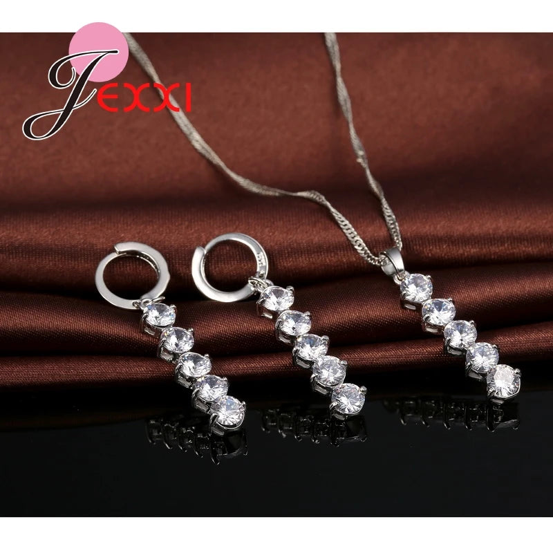 Wedding Women Bijoux Classic Genuine 925 Sterling Silver Cubic Zircon Jewelry Sets Shiny Crystal Necklace Pendant Drop Earrings