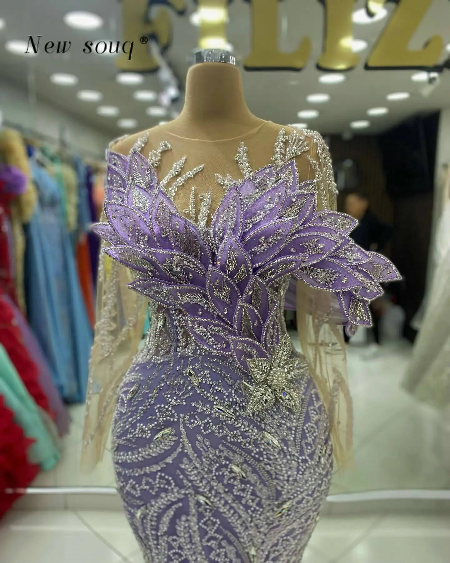 Lilac Purple Mermaid Evening Dress Crystal Beaded Long Sleeve