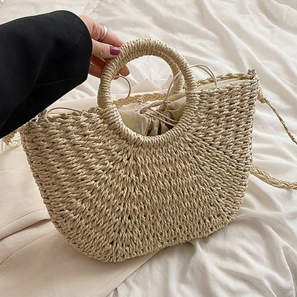 Straw Woven Handbags For Women Handmade Travel Seaside Beach Bag Summer New Handle Bucket Bag Shopping Tote Bag Basket Bolsa