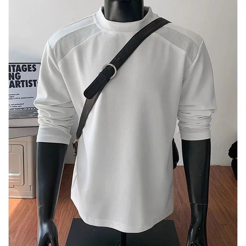 American Long-sleeved T-shirt for Men Autumn Winter Right Shoulder Round Neck Sweatshirt Bottoming Shirt