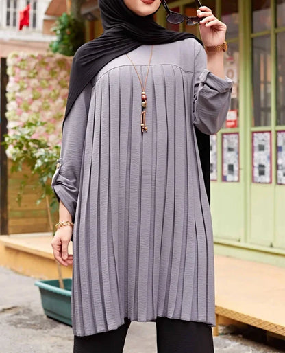 Crisluv™ Modest Pleated Long Shirt – Adjustable Sleeve Islamic O-Neck Top