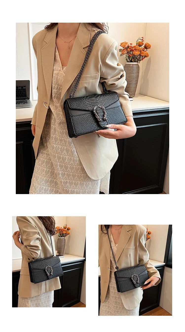 Retro Style Fashion Chain Shoulder Bag for Women Snake Pattern Crossbody Small Square Bag Trendy Accessory