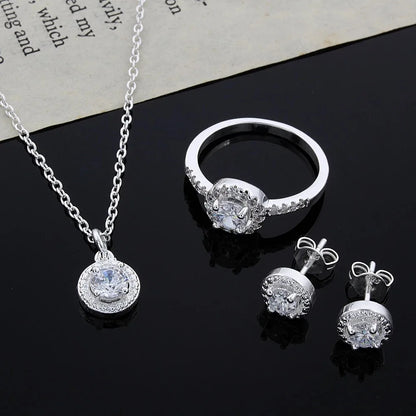 Zircon Crystal Silver Jewelry Necklace Ring Earrings Set Three-Piece Set Jewelry