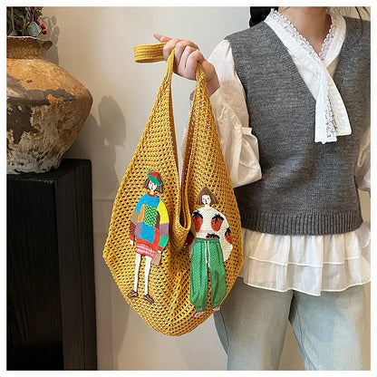 Hollow Mesh Knitted Shoulder Bag Beach Vacation Slouchy Chic Cartoon Tote Bag Lightweight Laid-Back Casual Woven Women Handbag