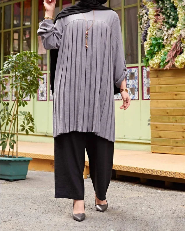 Crisluv™ Modest Pleated Long Shirt – Adjustable Sleeve Islamic O-Neck Top