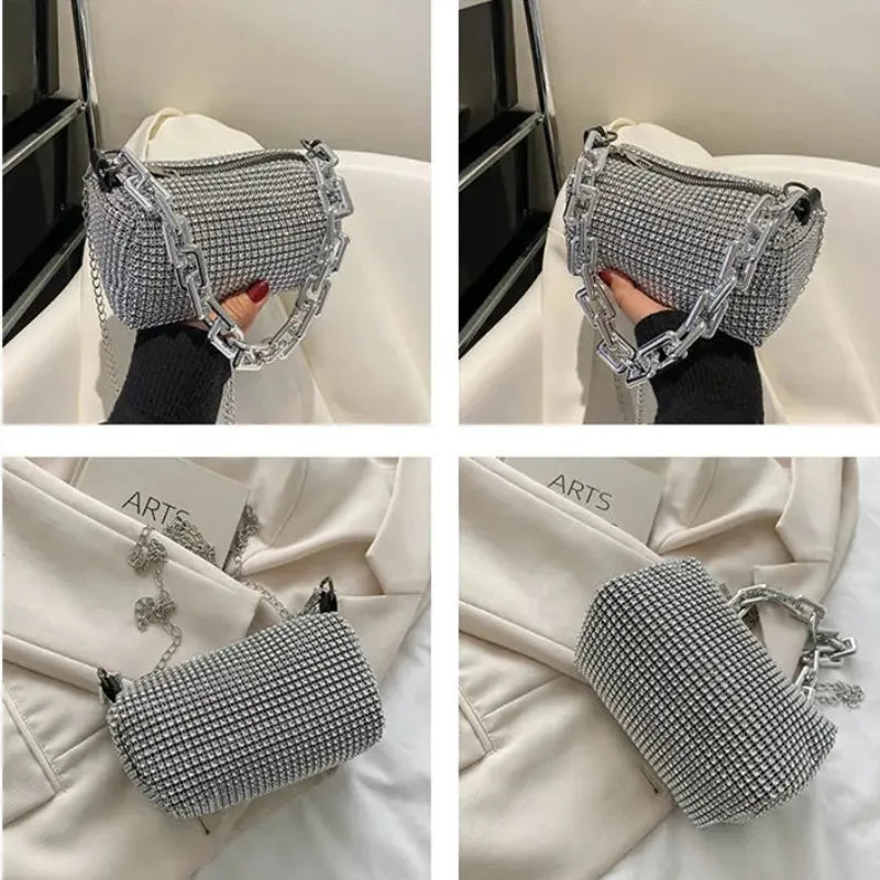 Allover Rhinestone Bucket Bag, Glitter Chain Prom Purse, Women&
