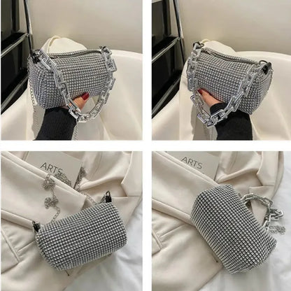 Allover Rhinestone Bucket Bag, Glitter Chain Prom Purse, Women&