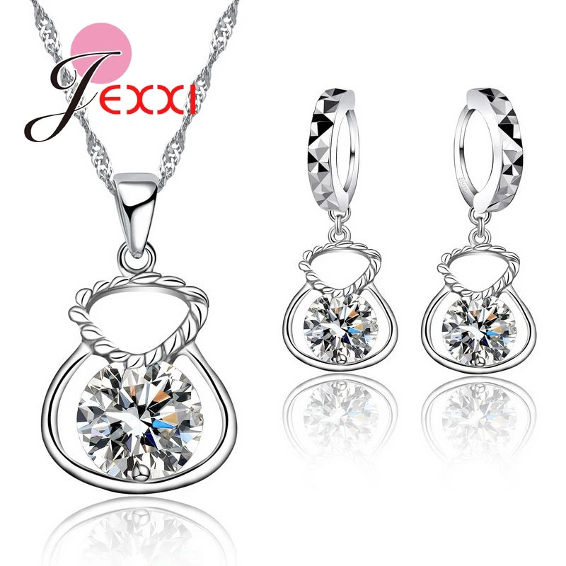 New 925 Silver Color Jewelry Sets Include Rhinestone Necklace Earrings Purse Wedding Anniversary Accessories Gift