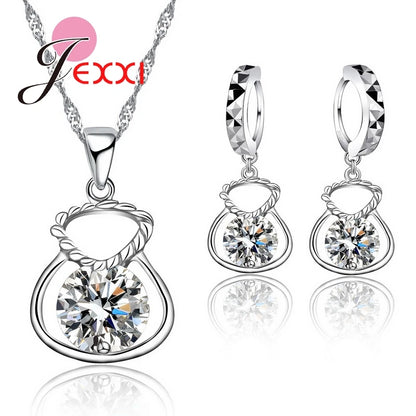 New 925 Silver Color Jewelry Sets Include Rhinestone Necklace Earrings Purse Wedding Anniversary Accessories Gift
