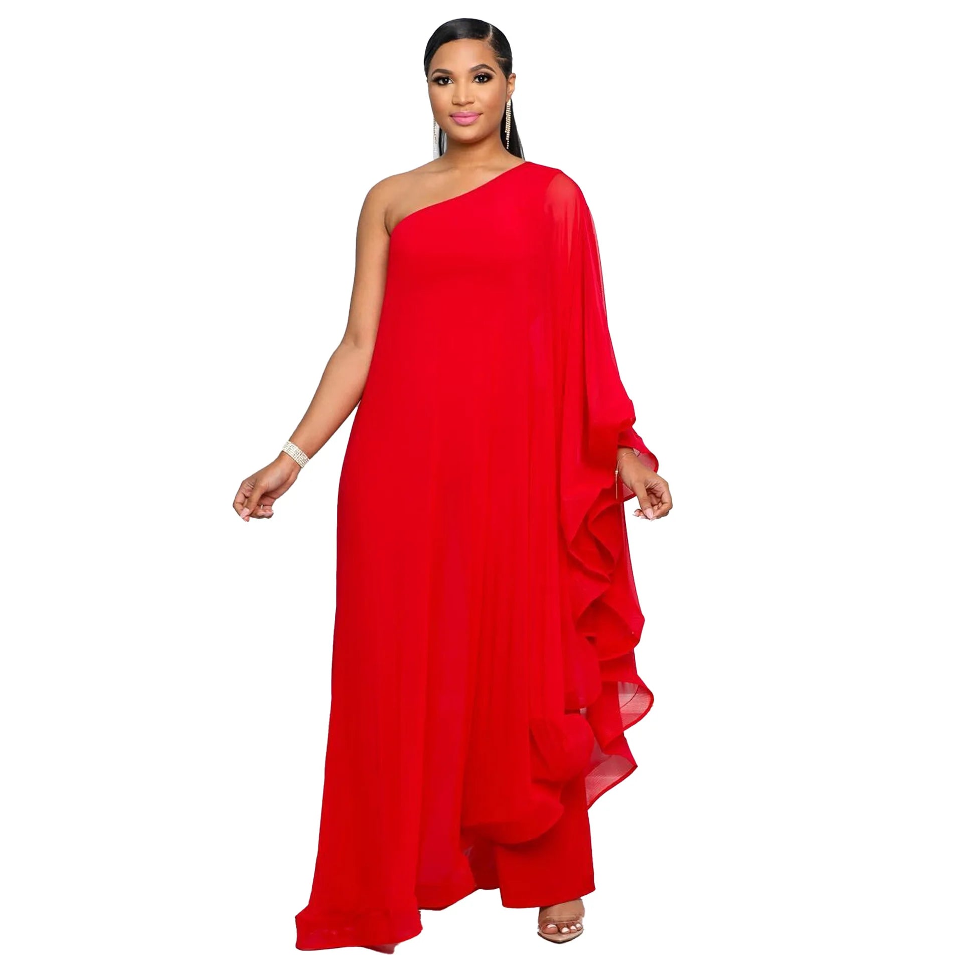 Crisluvᵀᴹ One-Shoulder Ruffle Sleeve Women’s Jumpsuit Elegant Slim Fit Aysmmetric Fashion Autumn