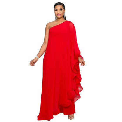 Crisluvᵀᴹ One-Shoulder Ruffle Sleeve Women’s Jumpsuit Elegant Slim Fit Aysmmetric Fashion Autumn