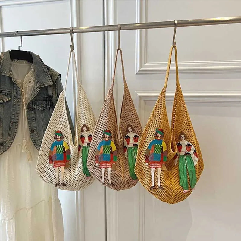 Hollow Mesh Knitted Shoulder Bag Beach Vacation Slouchy Chic Cartoon Tote Bag Lightweight Laid-Back Casual Woven Women Handbag