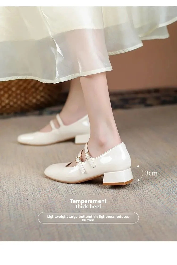 French Patent Leather Mary Jane Shoes – Retro Wine Red Slip-On with Buckle Low Heel