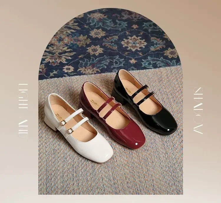 French Patent Leather Mary Jane Shoes – Retro Wine Red Slip-On with Buckle Low Heel