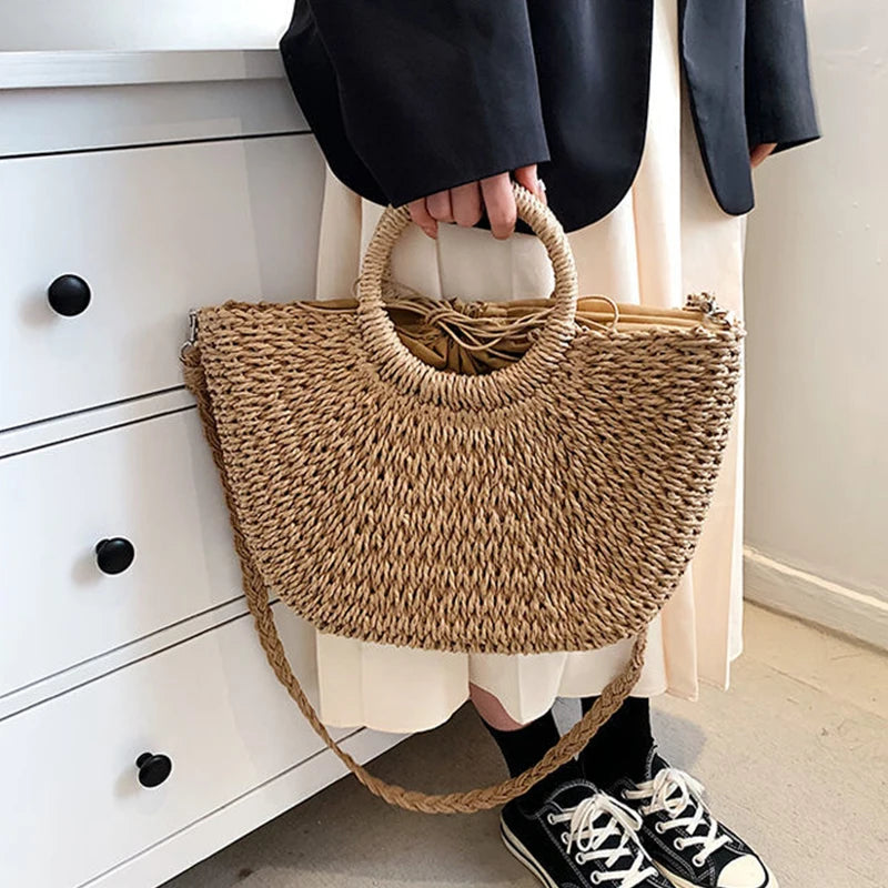 Straw Woven Handbags For Women Handmade Travel Seaside Beach Bag Summer New Handle Bucket Bag Shopping Tote Bag Basket Bolsa