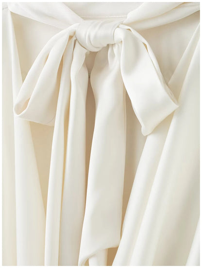 Womens Satin Textured Backless Blouse With Bow Detail Long Sleeves Elegant And Silky Women S Shirt Top For Everyday Casual Wear