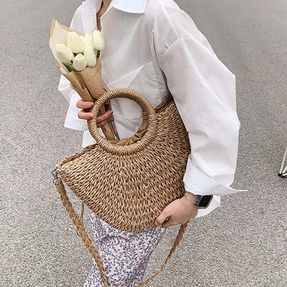 Straw Woven Handbags For Women Handmade Travel Seaside Beach Bag Summer New Handle Bucket Bag Shopping Tote Bag Basket Bolsa