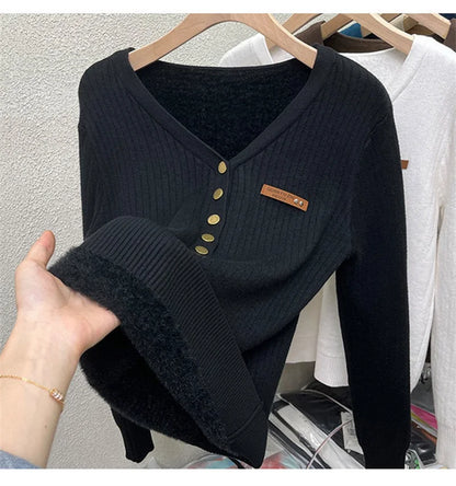 Thicken Women’s Velvet Lined V-Neck Knit Jumper
