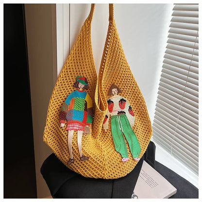 Hollow Mesh Knitted Shoulder Bag Beach Vacation Slouchy Chic Cartoon Tote Bag Lightweight Laid-Back Casual Woven Women Handbag