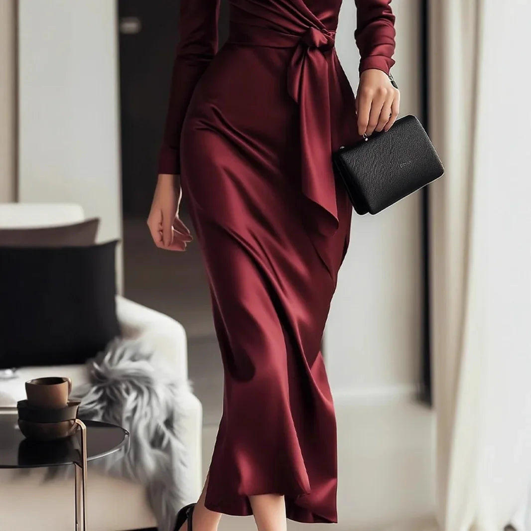 Crisluvᵀᴹ Elegant Satin V-Neck Long Sleeve Maxi Dress with Waist Belt
