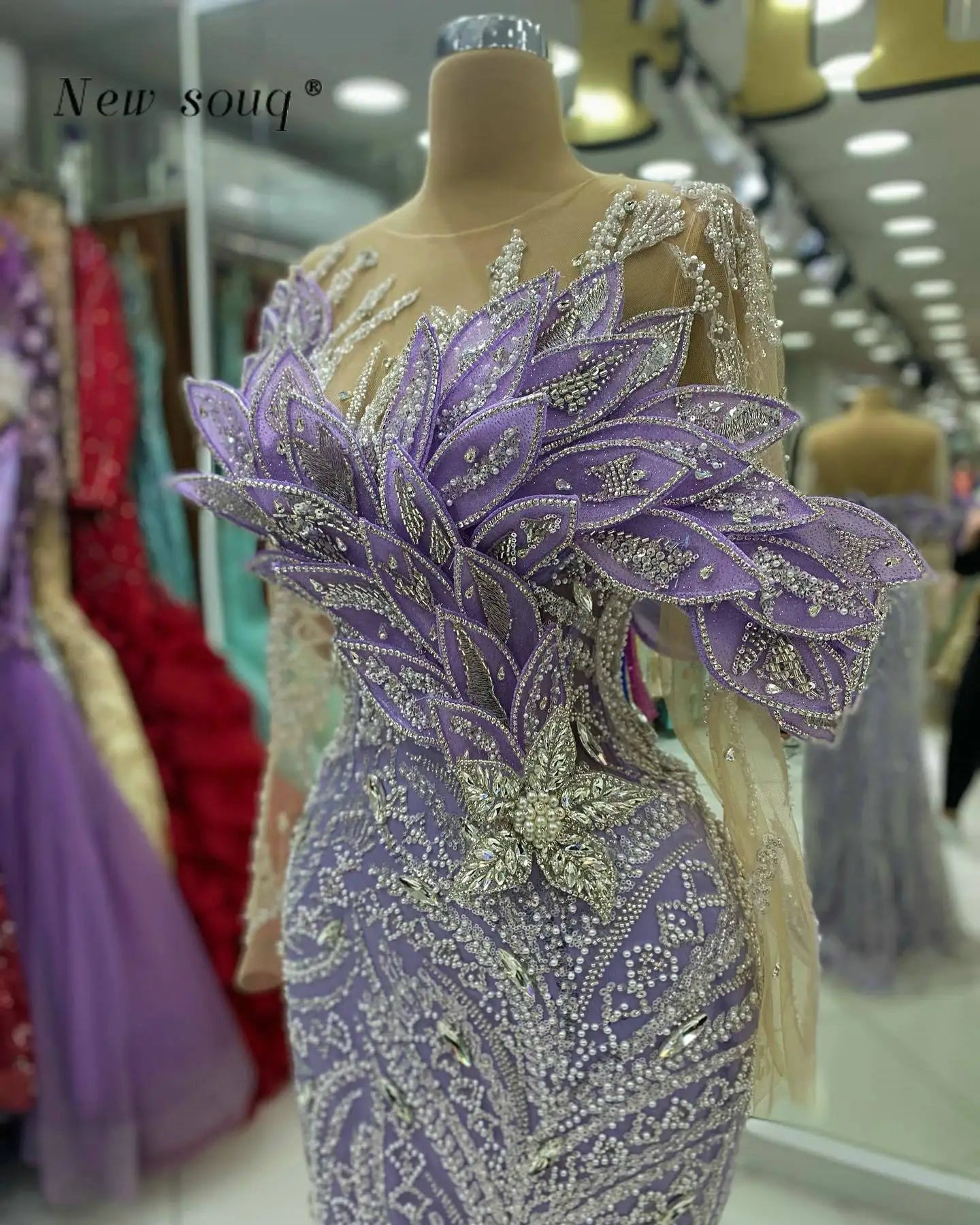 Lilac Purple Mermaid Evening Dress Crystal Beaded Long Sleeve