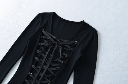 Crisluvᵀᴹ Women’s Y2K Lace-Up V-Neck Cropped Long Sleeve Top