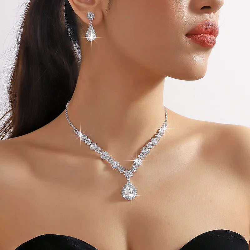 Crisluv™ Bridal Crystal Droplet Necklace &amp; Earrings Set – 3-Piece Elegant Design