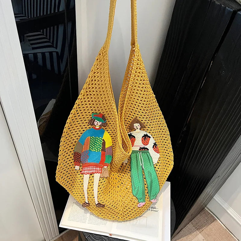 Hollow Mesh Knitted Shoulder Bag Beach Vacation Slouchy Chic Cartoon Tote Bag Lightweight Laid-Back Casual Woven Women Handbag