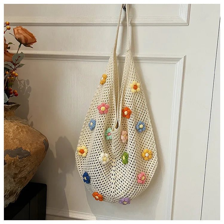 Hollow Mesh Knitted Shoulder Bag Beach Vacation Slouchy Chic Cartoon Tote Bag Lightweight Laid-Back Casual Woven Women Handbag
