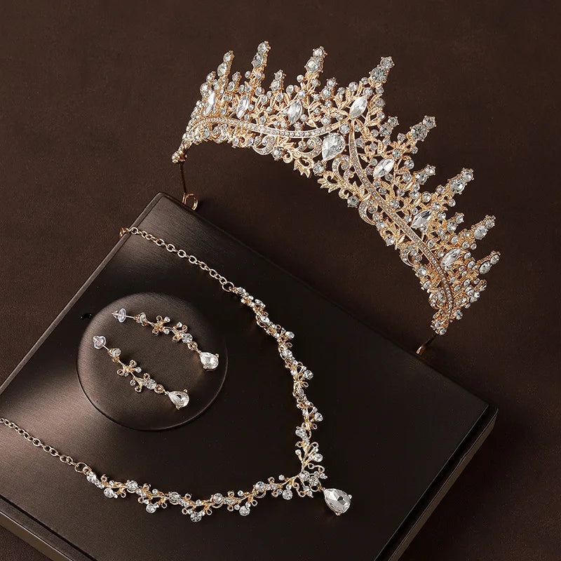 Bridal Wedding Jewelry 4-piece Set, Alloy Crystal Crown&amp;Crystal Necklace&amp;Earrings Women&