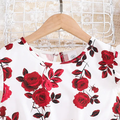 Set For Kids Girl 8-12 Years Ruffled Sleeve Rose Floral Print Tulle Cute Princess Formal Dresses with Belt Ootd For Baby Girls