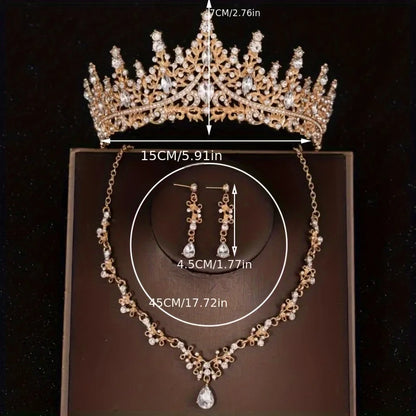 Bridal Wedding Jewelry 4-piece Set, Alloy Crystal Crown&amp;Crystal Necklace&amp;Earrings Women&