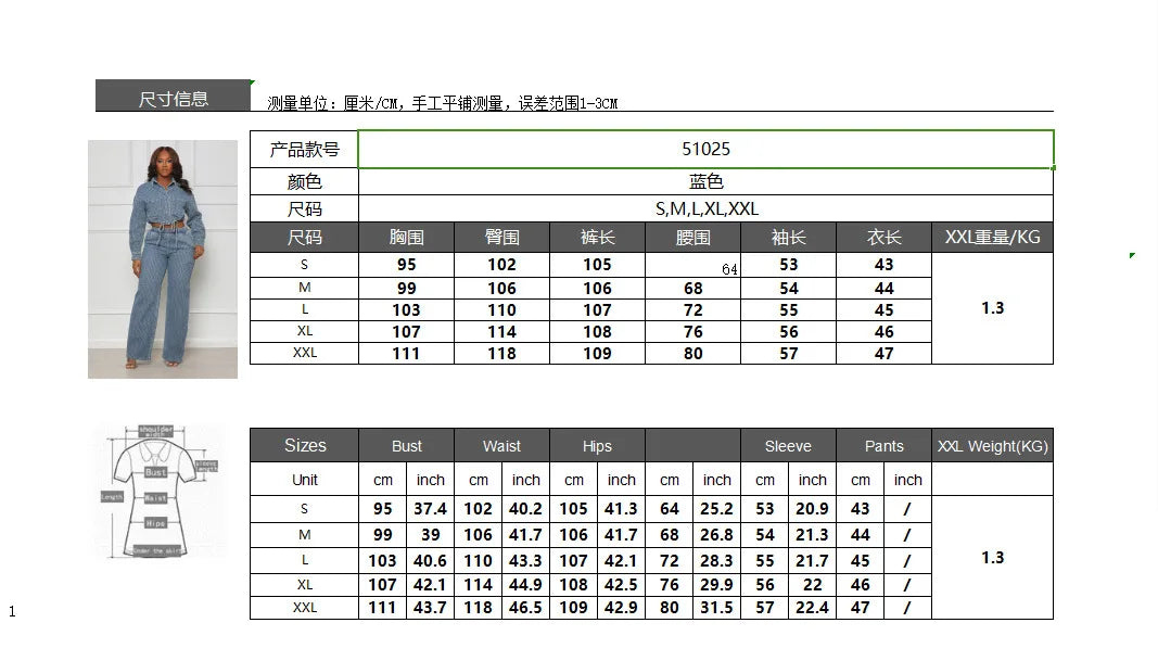 Women Denim Pant Sets Two Piece Pants Sets Sexy Turn Down Collar Full Sleeve Coats Tops Jackets Long Pants High Elastic Waist