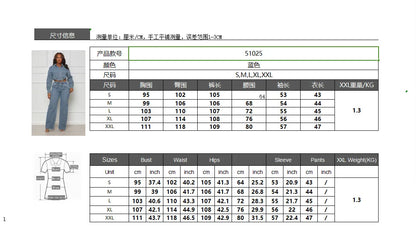 Women Denim Pant Sets Two Piece Pants Sets Sexy Turn Down Collar Full Sleeve Coats Tops Jackets Long Pants High Elastic Waist